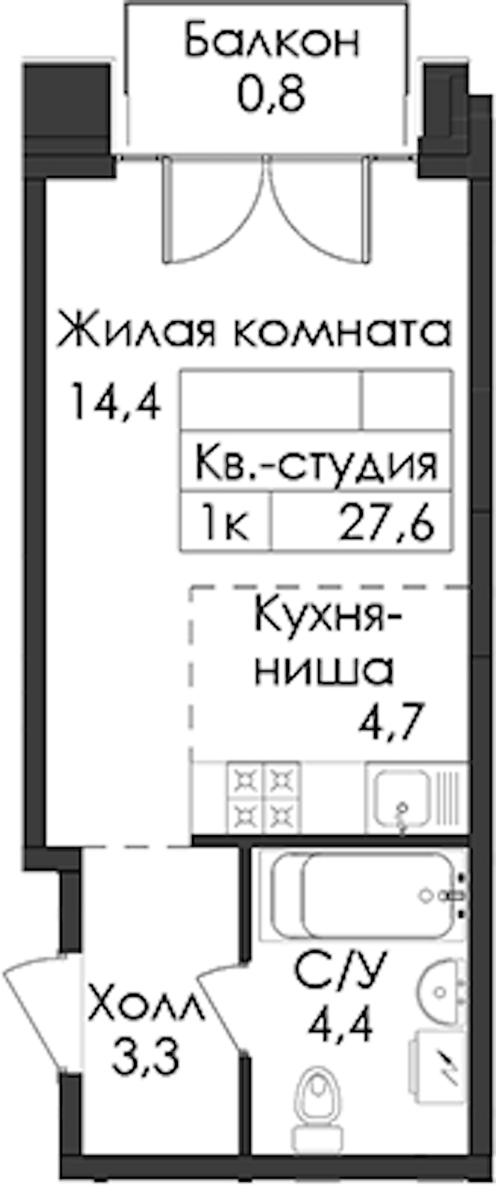 Квартира студия 27.6 м², 7/9 эт., ЖК «Лермонтовский 54»